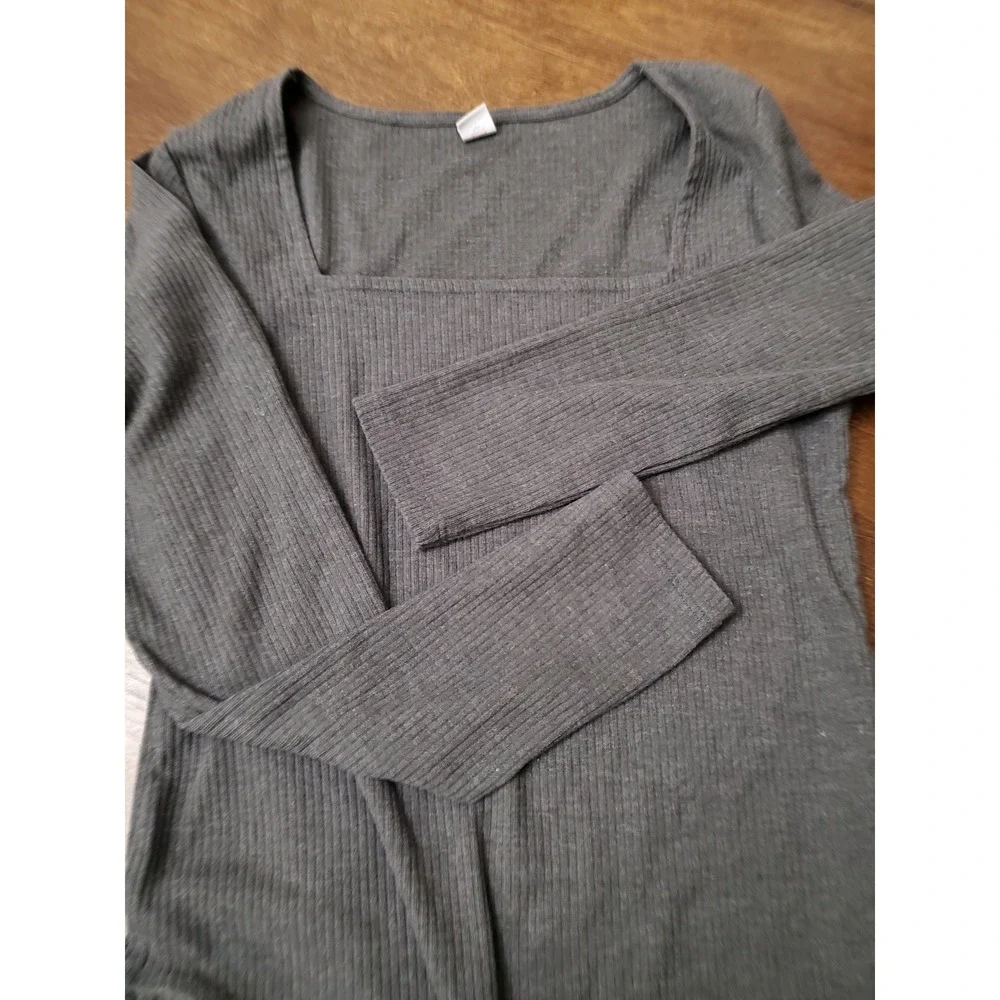 Old Navy Ribbed Square Neck Long Sleeve Bodysuit Dark Gray Size L - Picture 6 of 7
